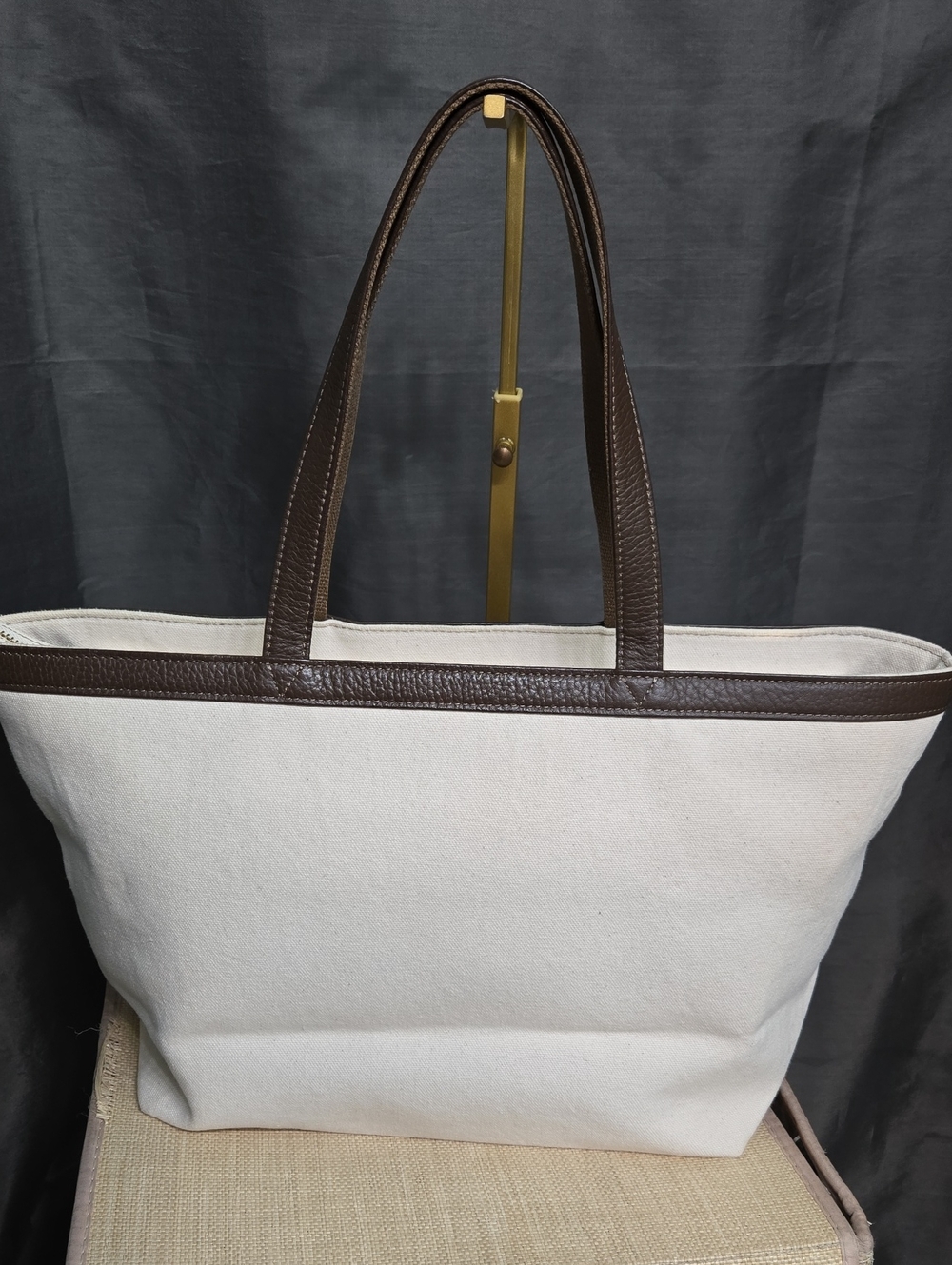 BURBERRY Blue Label Cream Canvas Tote with Brown Leather Trim and Plaid Stripe - Picture 4 of 17